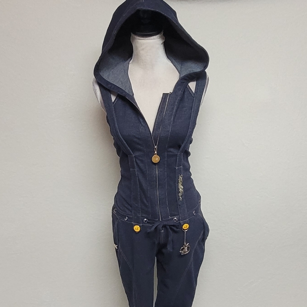 Rare Vintage Y2K Apple Bottom Jeans Hooded Halter Half-Zip Tie-Waist Jumpsuit L - Picture 13 of 13